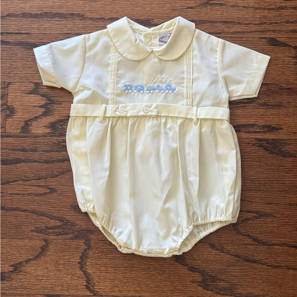 Petit Ami Light Yellow Baby Bubble w/Train Embrodery